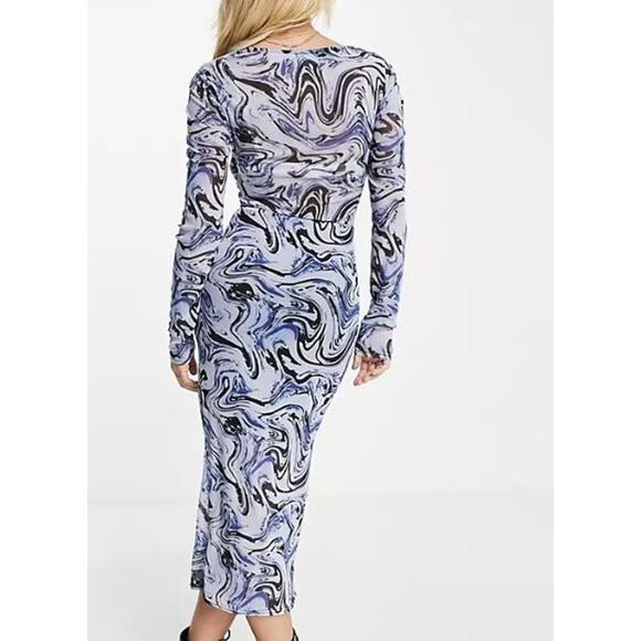 ASOS DESIGN Long Sleeve Mesh Midi Dress with Tie Waist Detail Blue Swirl Print - Picture 3 of 12
